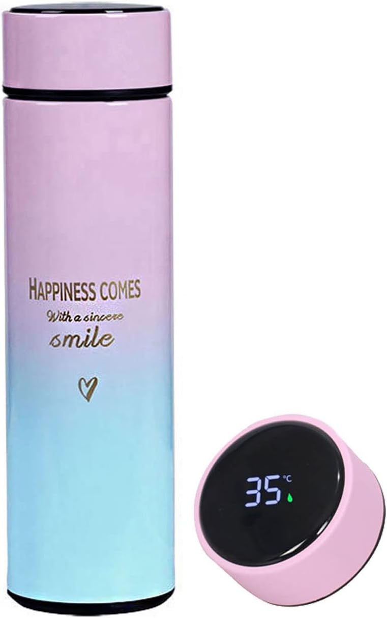 Smart Water Bottle Insulated Water Bottle Coffee Bottle Travel Coffee Mug Flasks for Hot and and Cold Drinks 16.9 oz/500ml (Gradient pink))