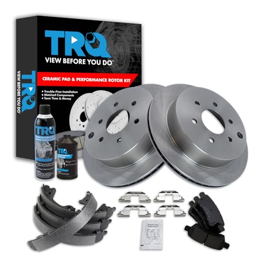 Image of TRQ Rear Brake Pad & Rotor Kit, with Chemical Kit Parking Brake Shoe Set Ceramic Compatible with 2006-2007 Nissan Xterra