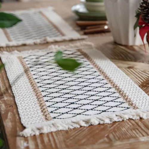 Image of HomeCloud Croshia Woven Table placemat - Heat Resistant, Washable Table Decoration for Dining, Office, Kitchen, Hotel, and Home (Rec Beige Boxes, Set of 4)