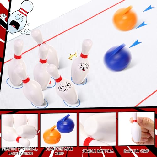 RoundFunny 9 Pcs Mini Bowling Set Indoor DIY Outdoor Portable Lawn Ball Game Set with 6 Bowling Pins 2 Plastic Ball 1 Lane Mat for Early Education Educational Birthday Gift Party School Toy - Thumbnail 2