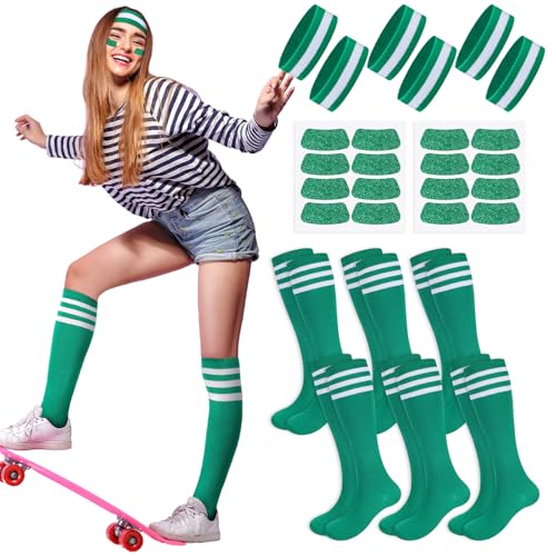 18 Pcs Team Spirit Accessories 6 Soccer Softball Socks 6 Stripe Headband Sweatbands 6 Glitter Eye Black Stickers for School Youth Women Cheerleading Sport Team Spirit Day Wear