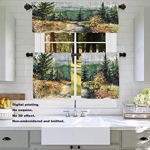 Batmerry Watercolors Landscape Tier Curtains, Landscape With Road In Mountains Window Treatment Short Kitchen Curtain Multilayer Polyester Blackout For Living Room/Bathroom, 2 Pack 26X24 Inches #TOP2