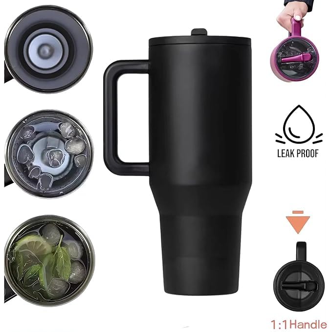 Image of 1200ML Stainless Steel Tumbler with Handle & Flip Straw | Leak Resistant, Insulated Water Bottle with Rubber Base | Travel, Gym & Car Cup Holder Friendly (Black)
