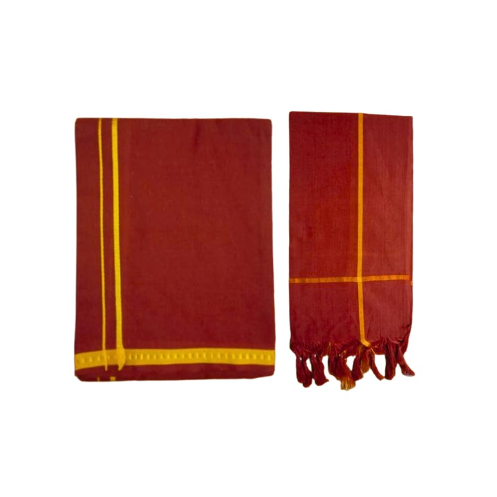 Mens Cotton Color Dhoti |Multicolor| Single Dhoti with Towel (Pack of 1)| Lungi| Vesti| Kaili| Pancha| Pooja/Temple Wear| Combo – 2.0 Mtrs (KAAVI (DARK))-image-49