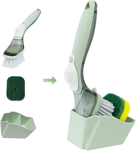 CQT Juego de almacenamiento de cepillos para platos dispensadores de jabón, limpiador de platos con asa, cepillo de lavado de cocina para limpieza