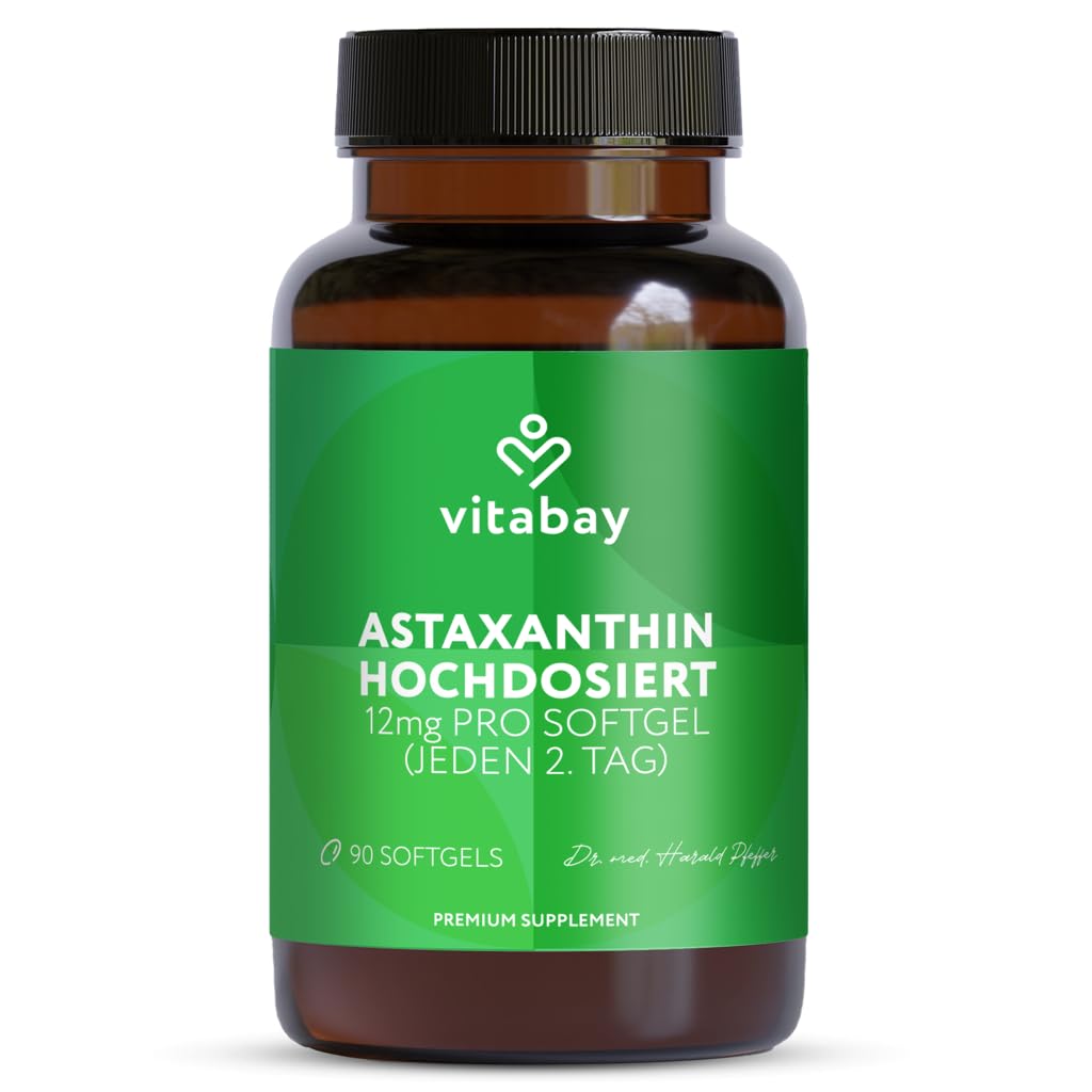 Vitabay Astaxanthin 12 mg – 90 Vegan softgels with astaxanthin from Haematococcus pluvialis microalgae and Flaxseed Oil – Laboratory Tested in Germany