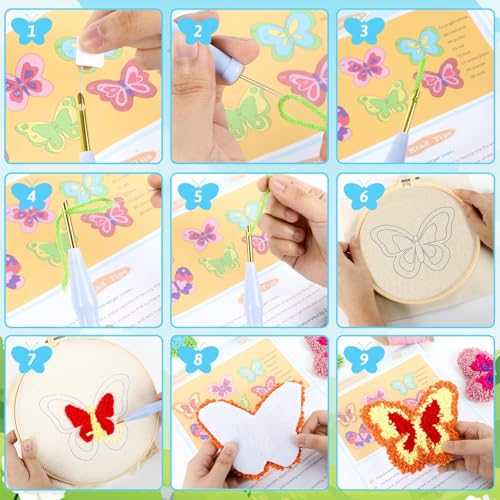 Image of Punch Needle Kit for Beginners 6 Patterns Butterfly Designs Embroidery Punch Needle Coaster Kit for Mom with Adhesive Felt Yarns Embroidery Hoop Instruction Idea Punching Art Kits for Mother's Day