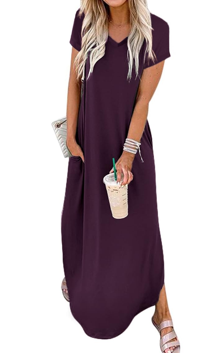 Jeqeocafy Women Summer Long Sundress Crewneck Short Sleeve Maxi Dress 2026 Casual Loose Beach Dress with Pockets