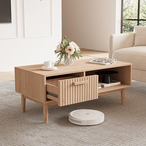 Rattan Couchtisch mit Schublade & offenes Fach, Wohnzimmer Tisch für...