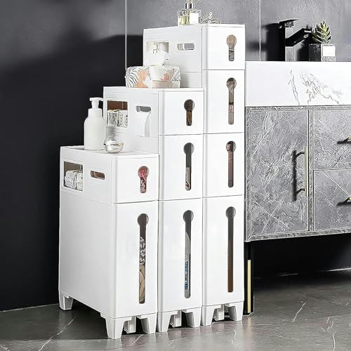 Cassettiera sottile con 4 cassetti e 2 rotelle, armadio da bagno stretto per piccoli spazi