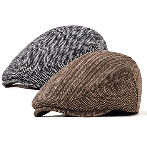 Image of LADYBRO 2 Pack Newsboy Hats for Men Wool Scally Cap Mens Flat Cap, Stylish Winter Cap for Man - Monkey Cap & Beanie Cap for Men