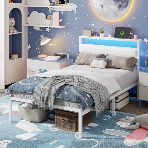 Image of OURPIC Twin Bed Frames for Kids, White Leather Twin Size Bed Frame with Charging Station & LED Lights, Metal Platform Bedframe with Upholstered Headboard and Storage Shelf, Easy Assembly