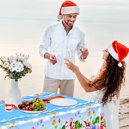 Image of QZYL 3 Pcs Christmas July Tablecloths, 51 x 86.6 Inch Waterproof Summer Christmas Tablecloth, Disposable Santa Plastic Rectangle Table Cover, for Pool Beach Indoor Outdoor July Xmas Decorations