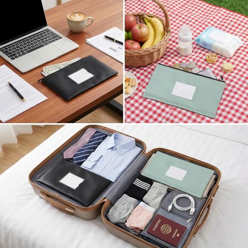 3 Pack Bank Deposit Money Bags with Zipper, 11\" x 6.3\" Bags Cash Wallet Pouches with Label, PU Leather Waterproof Money Pouches for Coins Cosmetics Invoice Bills Tools, Clear Window (Aqua Blue, Black) - Thumbnail 7