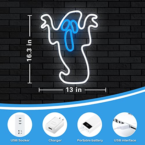 Image of Halloween Ghost Neon Light - Flickering Boo Neon Signs for Wall Decor 16.3x13 Inch, USB Powered LED Halloween Ghost Neon Light for Bedroom Christmas Gift for Party Decor Kids Game Room Bar, White