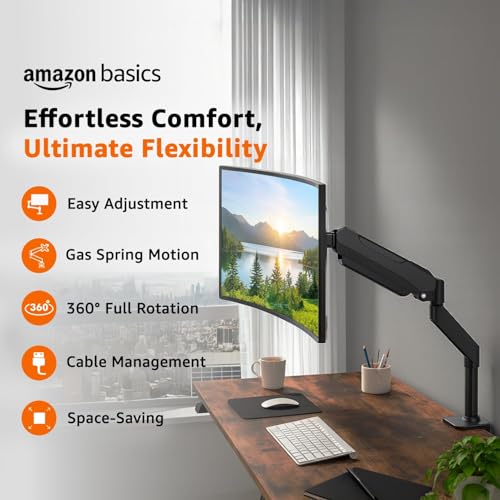 Image of Amazon Basics Pro Series Ergonomic Single Monitor Arm with Gas Spring - Full Motion VESA Mount (13 inch-32 inch), 360 Rotation, Supports up to 8 kg | Adjustable Monitor Mount