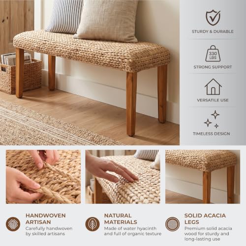 Image of Indoor Acacia Wood Bench 47 inch, Wicker Fishbone Water Hyacinth Woven Seat | Farmhouse Boho Style, Living Room or Entryway, Bedroom End of Bed or Dining
