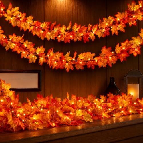 Meknow Fall Decor Fall Decorations for Home 9FT Plug in Fall Garland with Lights 50 Orange Bulbs Connectable Lighted Fall Garland Light for Indoor Outdoor Halloween Thanksgiving Harvest Decorations