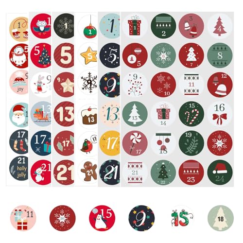 JEKRWNOY Aufkleber Adventskalender Zahlen 1-24 Aufkleber Klebezahlen Selbstklebend Etiketten Adventskalender Basteln Weihnachten Rund Zahlenaufkleber Nummern