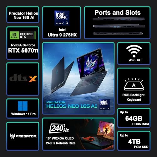 Predator Helios Neo 16S AI Gaming Laptop 16" WQXGA OLED 240Hz (100% DCI-P3) Intel 24-core Ultra 9 275HX 32GB DDR5 4TB SSD GeForce RTX 5070 Ti DLSS4 (fino a 992 AI Tops) Win11Pro ICP Hub w - Notebook - Immagine 2