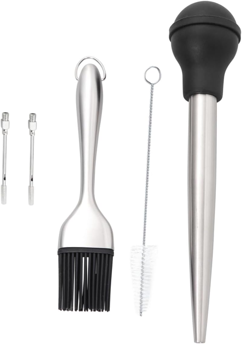 KICHOUSE 4-piece Stainless Steel Turkey Baster Set Oil Brush Silicone Injector Dropper Barbecue Tool Kit