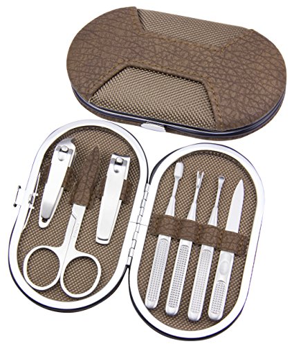 Maketop High Qualiy Travel Beauty Care Tools ,100% Stainless Steel 7pcs Portable Manicure Set & Pedicure Kit (Brown/Silvery )