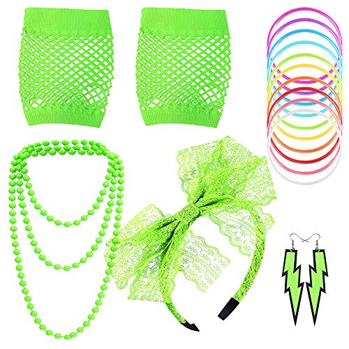 Women's 80s Fancy Dress Accessories Lace Headband Neon Earrings Fingerless Fishnet Gloves Necklace Bracelet for Fashion Retro 80s Party Outfit Costume Set Ladies and Girls (Green5PCS)