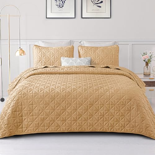 Exclusivo Mezcla QS-06-QPC Quilts Queen Size Bedding Set With Stitched Grid Pattern, Lightweight Summer Camel Bedspreads Coverlets Bed Cover cover
