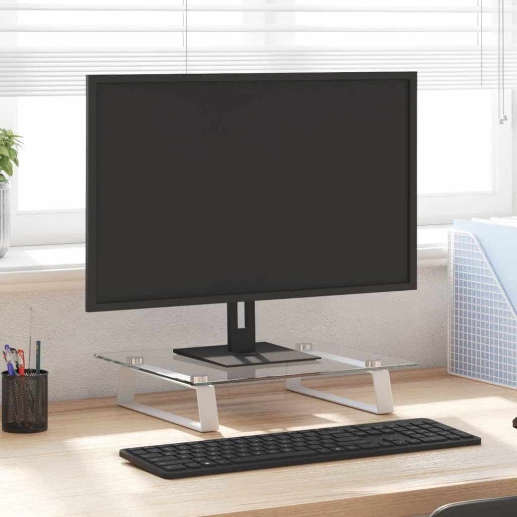 Supporto per monitor bianco in vetro temperato e metallo, 40 x 35 x 8 cm, con ripiano aggiuntivo per PC, laptop, gaming, home office, rialzo ergonomico per scrivania e ufficio