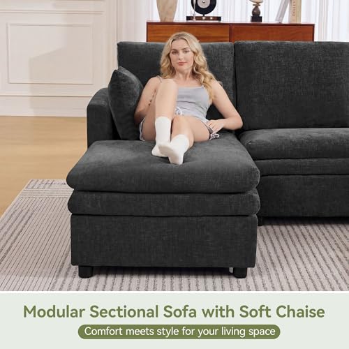 Image of 85 inch Sectional Couches with Comfy Deep Dual-Layer Cushion, 5 Seater L Shaped Couch, Modern Modular Sofa, Chenille Sofas for Living Room, Apartment, Grey