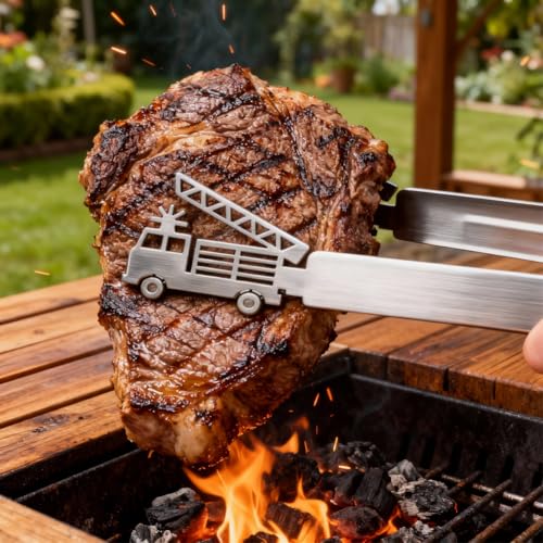 DASIAUTOEM Grillzange Motiv Feuerwehr Leiterwagen, Personalisierte Grillzange aus Edelstahl, Rutschfeste BBQ Fleischzange, Spülmaschinengeeignet, Flachgrillzange zum Geschenkidee, Feuerwehr-Geschenk