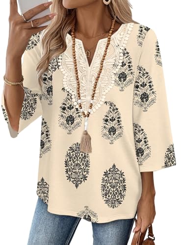 Image of WIHOLL 3 /4 Length Sleeve Womens Tops Boho V Neck Lace Shirt Trendy Blouses Dressy Casual Vacation Clothes S-3XL