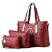 Vincico174;Women 3 Piece Tote Bag Pu Leather Weave Handbag Shoulder Purse Bags (Wine Red)