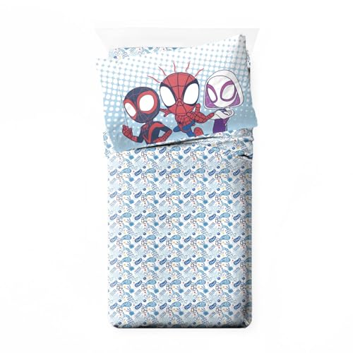 Image of Marvel Spidey and Friends Toddler Size Comforter Set 4 Piece Bedding, Blue | Ghost-Spider, Kids Bed in a Bag, Comforter Sheets Pillowcase, Official Product, Soft Microfiber, Machine Washable, Kids Gift