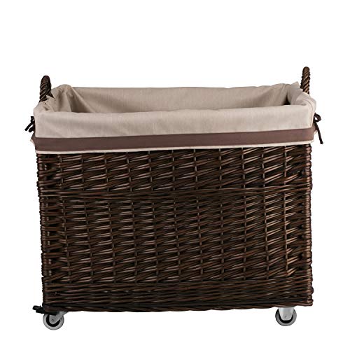 Cesta de mimbre para chimenea rectangular con ruedas y forro 7