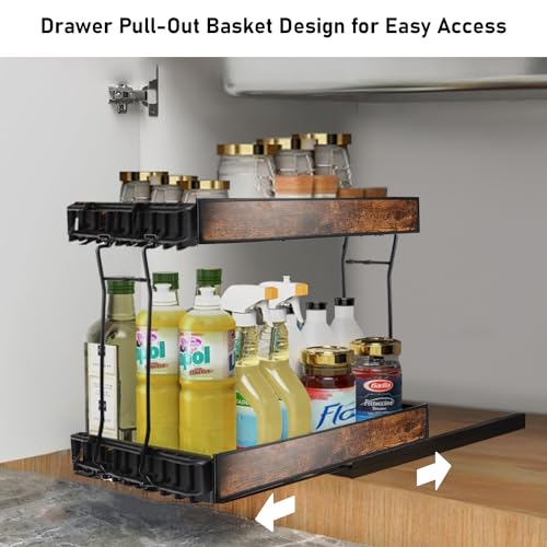 Image of IBELL Pull Out Sliding Storage Rack for Kitchen Cabinet /Shelf, Under The Sink Organizer, Carbon Steel with Wooden Panel Finish (Black, IBLDR 7977BK)
