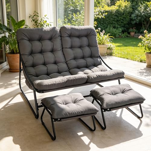 SANEIOUI Gartenliege 2 Personen Metall Doppelliege Outdoor 2 Personen mit Dicker Abnehmbares Gepolsterter Belastbarkeit bis 225kg Relaxliege für Garten Wohnzimmer Terrasse (grau mit Fußbank)