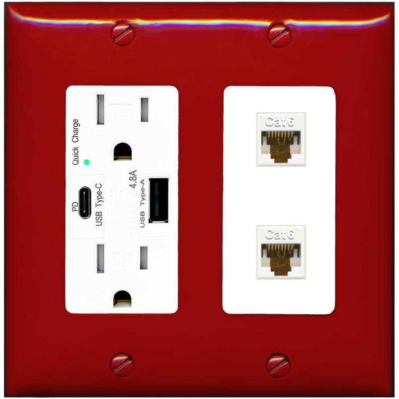 RiteAV 2 Port Cat6 Ethernet Wall Plate - USB A+C Charger [Red/White]