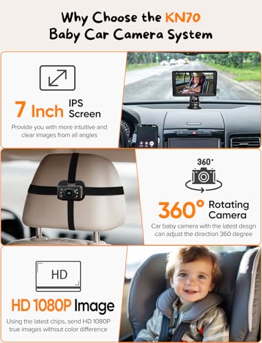 Image of Kidsneed Baby Car Camera - 7 Inch Large Screen Baby Monitor for Car | USB Plug and Play Easy Setup 360 Degree Rotating Backseat Camera Two Kids HD 1080P Rear Facing Seat Cameras