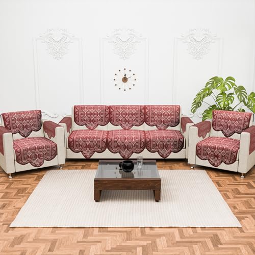 Image of Kuber Industries (Set of 16) Stylish & Durable Cotton Sofa Covers 5 Seater with Arms | Washable Sofa Protector & Slipcover for Living Room & Office | Plain Circle - Maroon