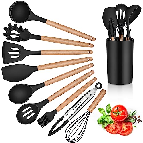 Herogo Kitchen Utensils Set with Holder, 10 Pieces Silicone Cooking Utensil with Wooden Handle, Heat Resistant & Non-Stick, Cooking Spatula Turner Tong Gadgets Utensil Set – Black