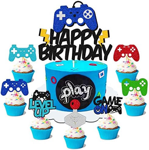 Video Game Cake Topper with 35 Cupcake Topper Happy Birthday Cake Decoration Level Unlocked Cupcake Decor Playing Controller Level Up Theme for Boys Girls Bday Baby Shower Event Celebration Supplies