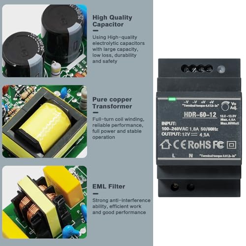Image of DIN Rail Power Supply, 60W 12VDC 4.5A Switching Power Supply with Overload Protection and Stable DC Output (HDR-60-12)