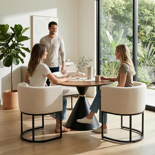 Image of HNY Mid Century Modern Upholstered Barrel Dining Chairs with Arms Set of 3, Linen Kitchen & Dining Room Chairs, 18.5 inch Wide Accent Chairs for Dining Room Living Room with Black Metal Frame, Cream