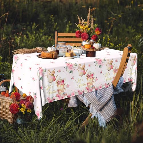 Image of Pink Floral Tea Party Tablecloth, Girls Tea Party Birthday Supplies 3pcs Let's Partea Spring Disposable Table Cover for Baby Shower, Floral Birthday Decorations