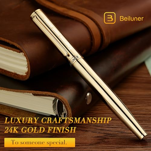 Image of BEILUNER Gold Personalized Fountain Pen,Stunning Luxury Surface,24K Gilded Nib(Fine),Gorgeous 24K Gold Finish, Ink Converter,Fancy Gift for Men&Women-Elegant, Graduation,Office Pens for Writing