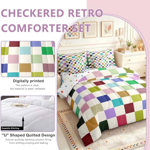 Image of Feelyou Colorful Checkered 7 Piece Bedding Set Teen Retro Modern Geometric Colorful Comforter Set with Sheets King Size Kids Boys Cute Neutral Plaid Bed in a Bag Vintage Aesthetic Room Decor
