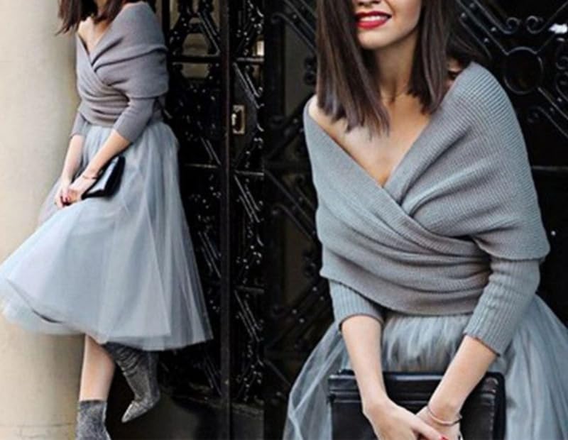 Women’s Fall Fashion Long Sleeve Off Shoulder V Neck Asymmetric Hem Knit Cropped Sweater Top3