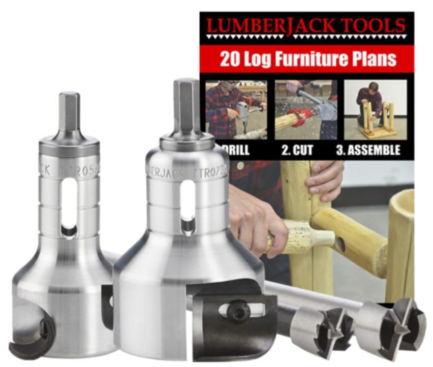 Lumberjack Tools Tenon Cutter Kit for Log Furniture, 0.5' & 0.75' Cutters & Forstner Bits, Pro Series Aluminum, 1/2' Shank, Dual Blades Create a Radius Shoulder Profile, Made in USA