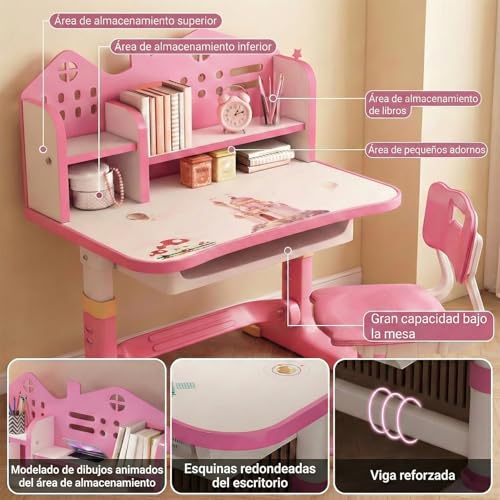 Mesa de Estudio Infantil Ajustable en Altura, Escritorio para Niños con Silla Ergonómica y Cajón, Mesa Escolar Infantil de Escritura Amplia, Conjunto Escritorio Niño para Casa y Estudio (rosa) - imagen 6